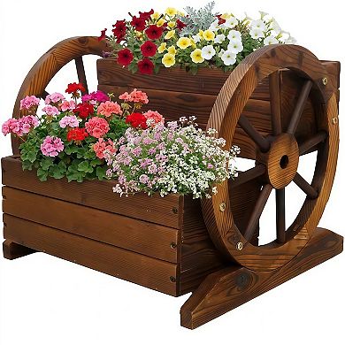 Rustic 2-Tier Wooden Wagon Planter Box with Wheels for Garden Patio