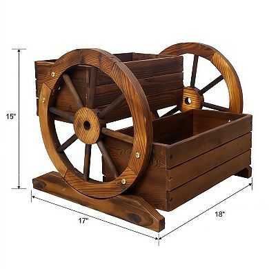 Rustic 2-Tier Wooden Wagon Planter Box with Wheels for Garden Patio