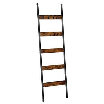 Leaning Blanket Ladder Rack 5 tier Towel Rack with 4 Hooks for Living Room Bathroom