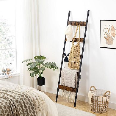 Leaning Blanket Ladder Rack 5 Tier Towel Rack with 4 Hooks for Living Room Bathroom