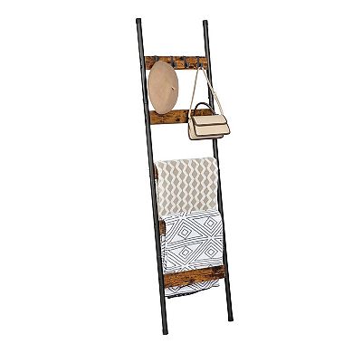 Leaning Blanket Ladder Rack 5 Tier Towel Rack with 4 Hooks for Living Room Bathroom