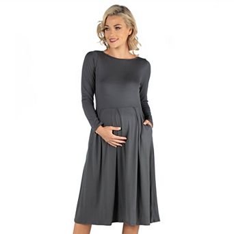 Maternity 24Seven Comfort Apparel Midi Length Fit & Flare Pocket Dress