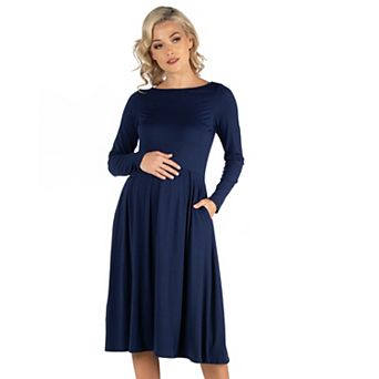 Maternity 24Seven Comfort Apparel Midi Length Fit & Flare Pocket Dress