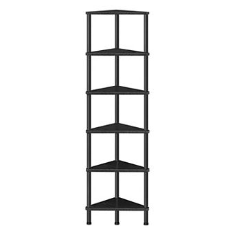 Narrow 6-Shelf Corner Bookcase for Bedroom or Hallway, Metal and Wood Shelves