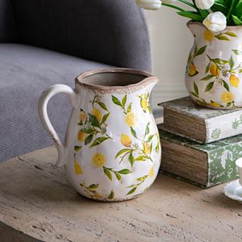 7.9x6.5x7.9" White Ceramic Pitcher Vase with Yellow Lemon Motif