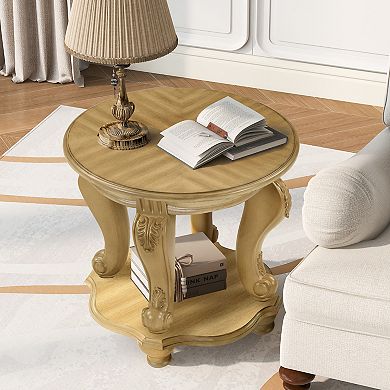 KWPZQEB Retro Round End Table with Shelf, Solid Wood Sofa Side Table for Living Room