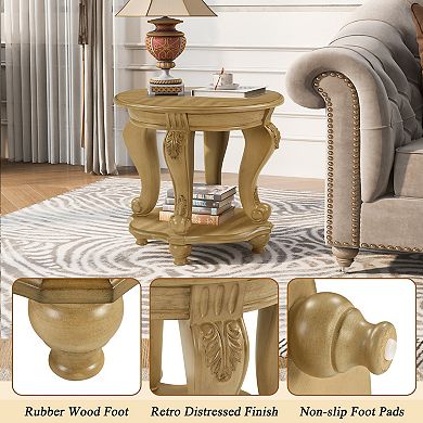 KWPZQEB Retro Round End Table with Shelf, Solid Wood Sofa Side Table for Living Room