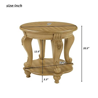 KWPZQEB Retro Round End Table with Shelf, Solid Wood Sofa Side Table for Living Room