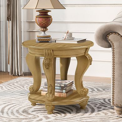 KWPZQEB Retro Round End Table with Shelf, Solid Wood Sofa Side Table for Living Room