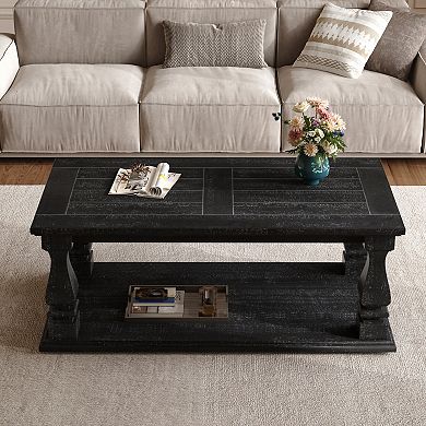 KWPZQEB Farmhouse Rectangular Wood Coffee Table with Storage Shelf