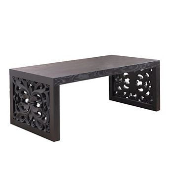 KWPZQEB Rustic Ornate Side Panels Carved Wood Coffee Table