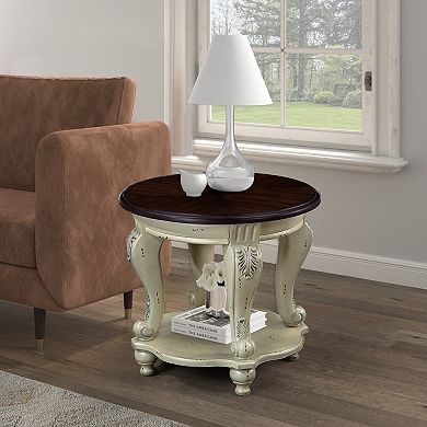 KWPZQEB Retro Round End Table with Shelf, Solid Wood Sofa Side Table for Living Room