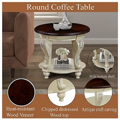 KWPZQEB Retro Round End Table with Shelf, Solid Wood Sofa Side Table for Living Room