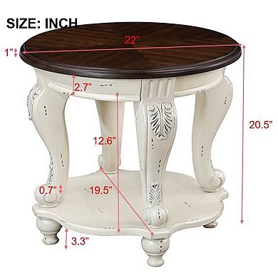 KWPZQEB Retro Round End Table with Shelf, Solid Wood Sofa Side Table for Living Room
