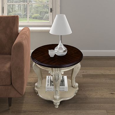 KWPZQEB Retro Round End Table with Shelf, Solid Wood Sofa Side Table for Living Room