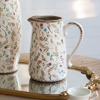 8.1x5.7x9.1" White Round Ceramic Pitcher Vase with Multi-Colored Floral Motifs Pattern