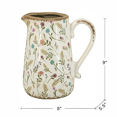 8.1x5.7x9.1" White Round Ceramic Pitcher Vase with Multi-Colored Floral Motifs Pattern