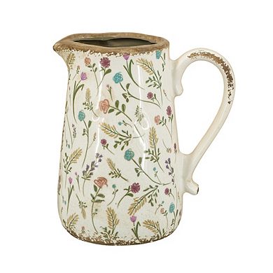 8.1x5.7x9.1" White Round Ceramic Pitcher Vase with Multi-Colored Floral Motifs Pattern