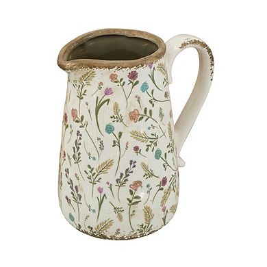 8.1x5.7x9.1" White Round Ceramic Pitcher Vase with Multi-Colored Floral Motifs Pattern