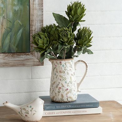 8.1x5.7x9.1" White Round Ceramic Pitcher Vase with Multi-Colored Floral Motifs Pattern