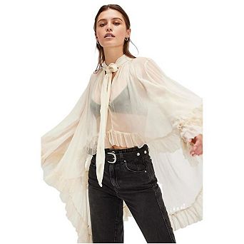 Women Full Sleeve Frill Tops Through Sheer Ruffle Trim Blouse Top Self Tie Neck Shawl Shirts Tops