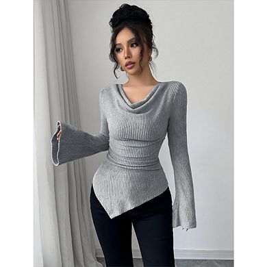 Women's Bell Sleeve Ribbed Knit Asymmetrical Hem Elegant T Shirts Fitted Tops