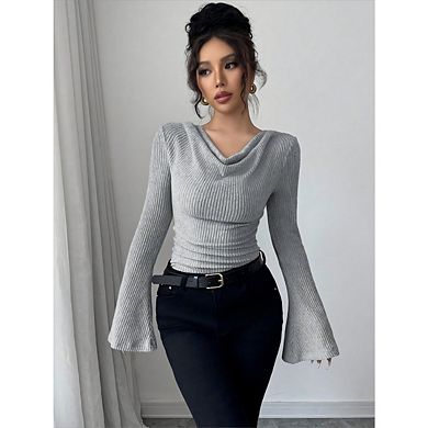 Women's Bell Sleeve Ribbed Knit Asymmetrical Hem Elegant T Shirts Fitted Tops