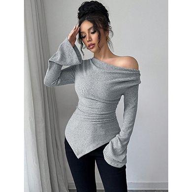 Women's Bell Sleeve Ribbed Knit Asymmetrical Hem Elegant T Shirts Fitted Tops