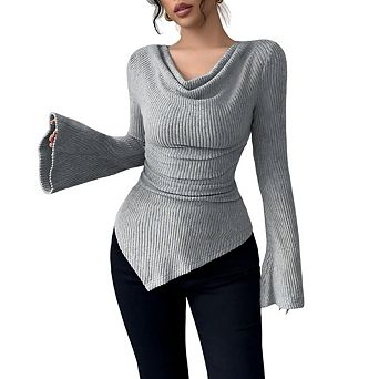 Women's Bell Sleeve Ribbed Knit Asymmetrical Hem Elegant T Shirts Fitted Tops