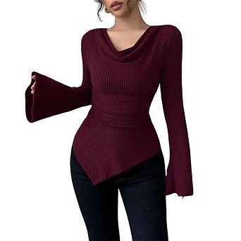 Women's Bell Sleeve Ribbed Knit Asymmetrical Hem Elegant T Shirts Fitted Tops