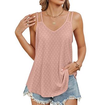Women Eyelet Sleeveless V Neck Cute Loose Fit Flowy Tank Tops