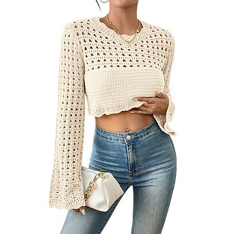 Women's Crochet Lightweight Crop Sweaters Boho Tops Long Sleeve Hollow Out Short Knitwear