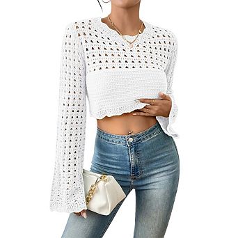 Women's Crochet Lightweight Crop Sweaters Boho Tops Long Sleeve Hollow Out Short Knitwear