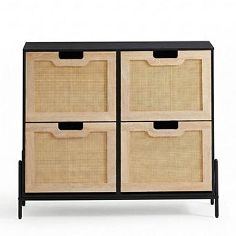 Rattan Shoe Cabinet with 4 Flip Drawers and Adjustable Shelf Narrow Hidden Shoe Storage