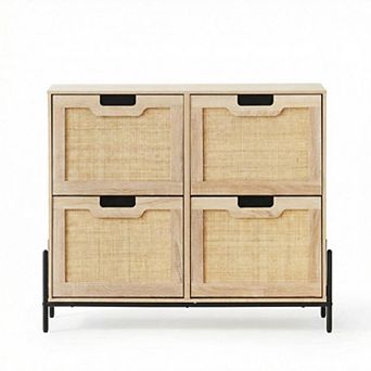 Rattan Shoe Cabinet with 4 Flip Drawers and Adjustable Shelf Narrow Hidden Shoe Storage