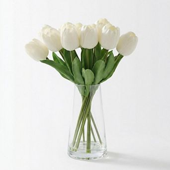 Artificial Tulips with Vase, Real Touch Silk PU Faux Tulips Bouquet, Faux Flowers for Wedding & Home