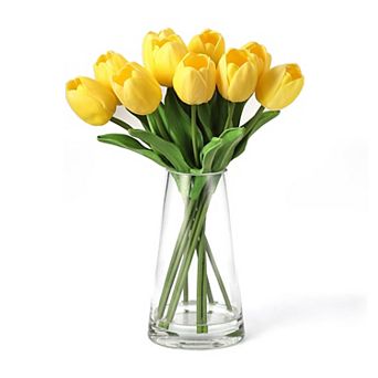 Artificial Tulips with Vase, Real Touch Silk PU Faux Tulips Bouquet, Faux Flowers for Wedding & Home