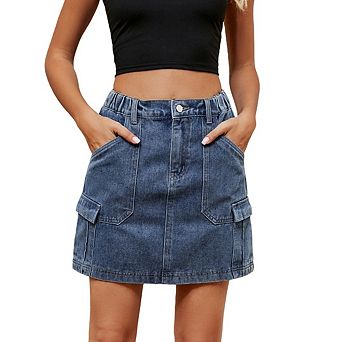 Women Denim Stretchy Cargo High Waisted Trendy Y2K Mini Jean Skirtswith Utility Pockets