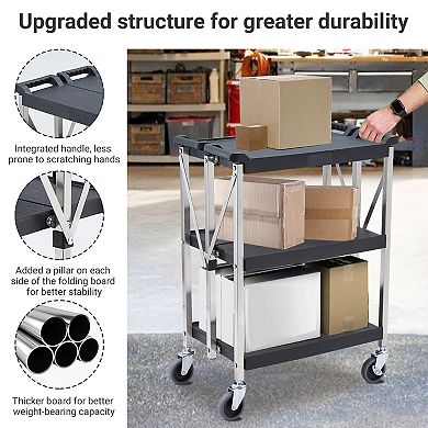 3-Tier Foldable Utility Cart - 330Lbs Heavy Duty, Lockable Wheels