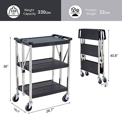 3-Tier Foldable Utility Cart - 330Lbs Heavy Duty, Lockable Wheels