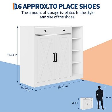 Shoe Storage Cabinet with 6 Adjustable Shelves and 2 Drawers Freestanding Entryway Cabinet