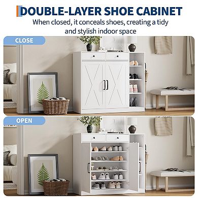 Shoe Storage Cabinet with 6 Adjustable Shelves and 2 Drawers Freestanding Entryway Cabinet