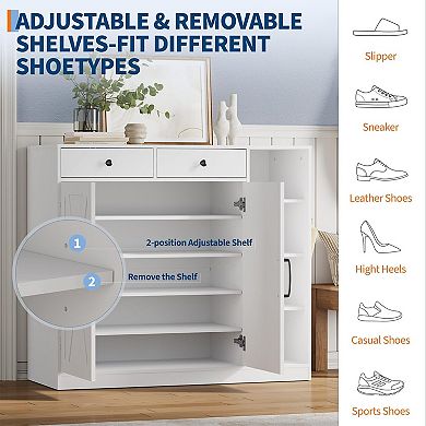 Shoe Storage Cabinet with 6 Adjustable Shelves and 2 Drawers Freestanding Entryway Cabinet