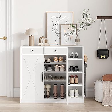 Shoe Storage Cabinet with 6 Adjustable Shelves and 2 Drawers Freestanding Entryway Cabinet