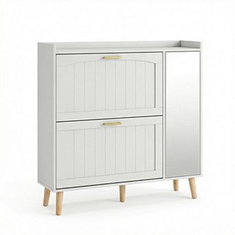 Shoe Cabinet with Mirror Flip Drawers and Side Cabinet Wooden Entryway Shoe Storage Organizer