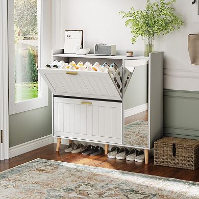 Shoe Cabinet with Mirror Flip Drawers and Side Cabinet Wooden Entryway Shoe Storage Organizer