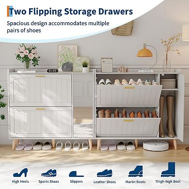 Shoe Cabinet with Mirror Flip Drawers and Side Cabinet Wooden Entryway Shoe Storage Organizer