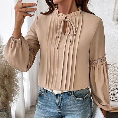 Women's Tie Neck Pleated Front Blouse Elegant Puff Crochet Sleeve Shirt Work Office Tunic Tops