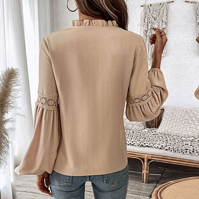 Women's Tie Neck Pleated Front Blouse Elegant Puff Crochet Sleeve Shirt Work Office Tunic Tops
