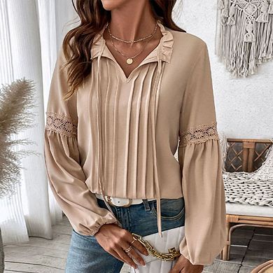 Women's Tie Neck Pleated Front Blouse Elegant Puff Crochet Sleeve Shirt Work Office Tunic Tops